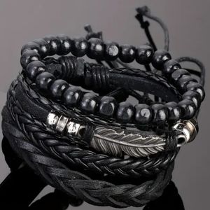 4-Piece Men Layered Black Leather Bracelet